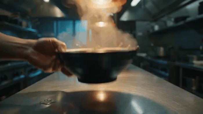 Mano che tiene una ciotola nera fumante su un piano di cucina