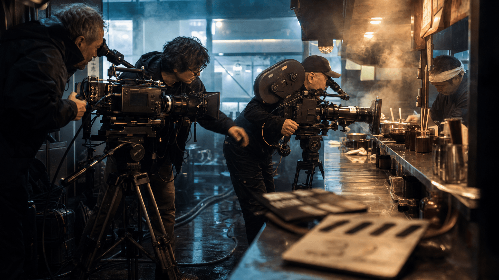 Operatori di ripresa che riprendono uno chef in una cucina affumicata di un ristorante giapponese