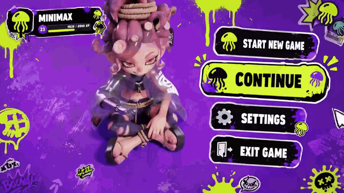 Schermata viola di un menu di videogioco con un personaggio seduto
