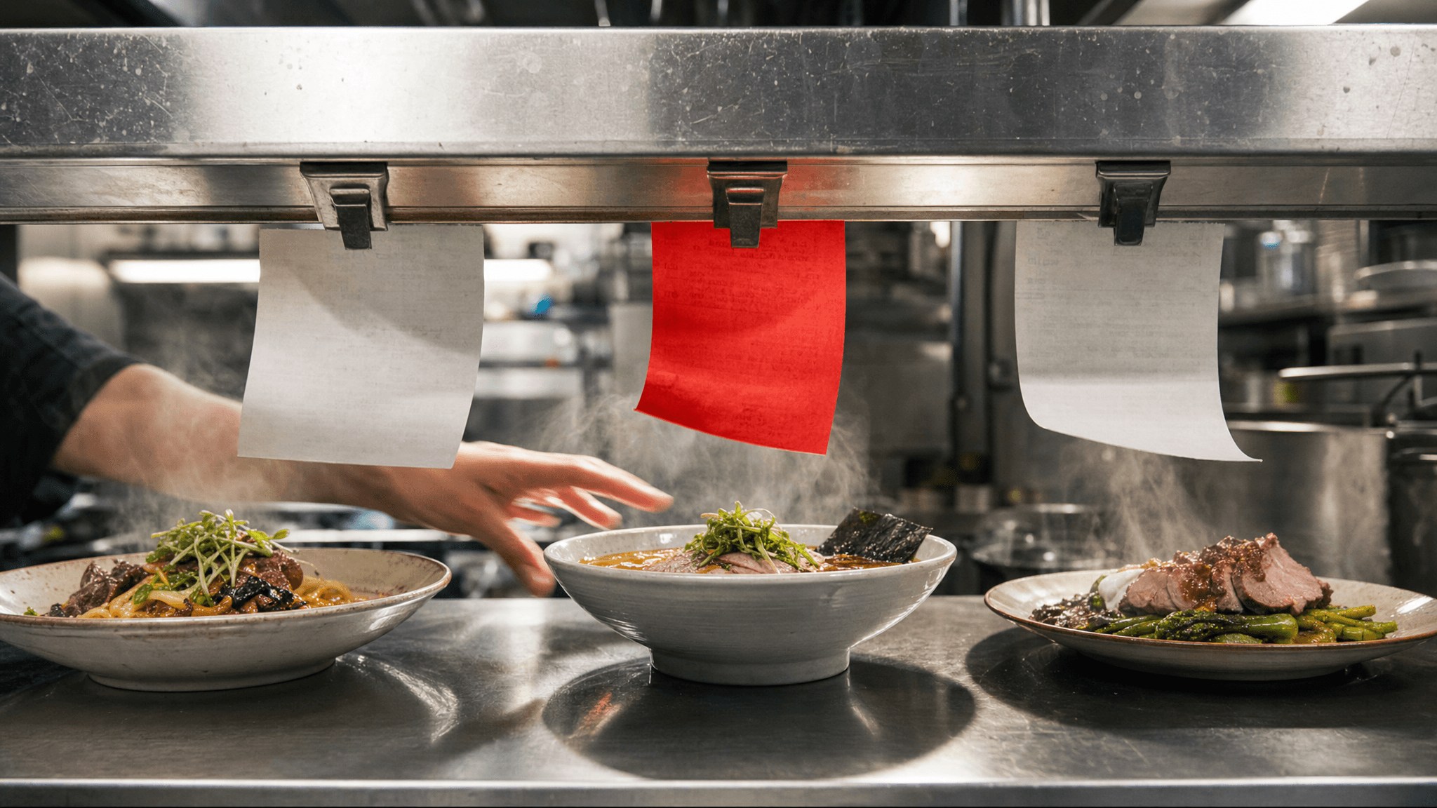 Piatti fumanti su un pass di ristorante sotto biglietti d'ordine appesi