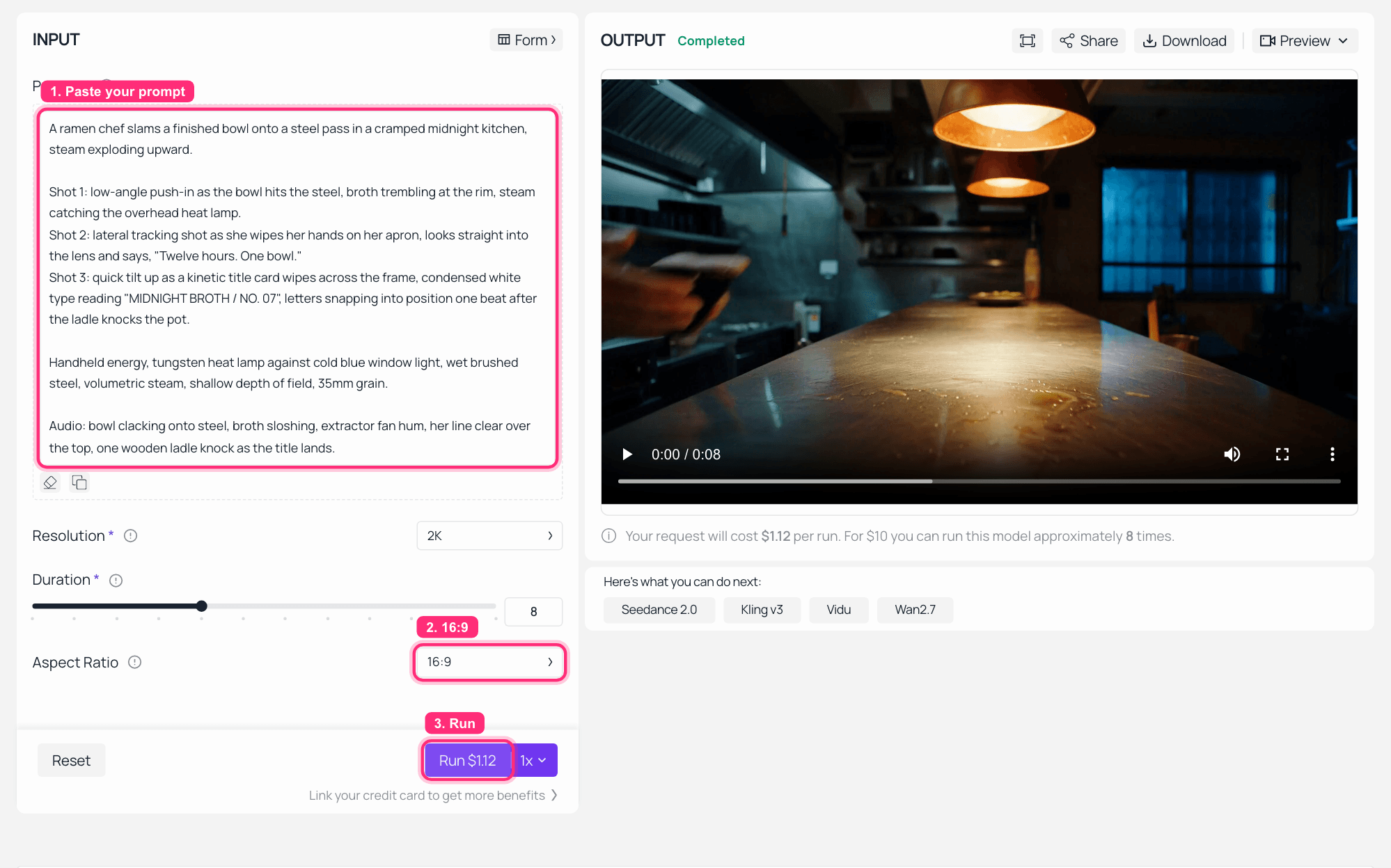 Interfaccia del generatore video AI che mostra input del prompt e output video