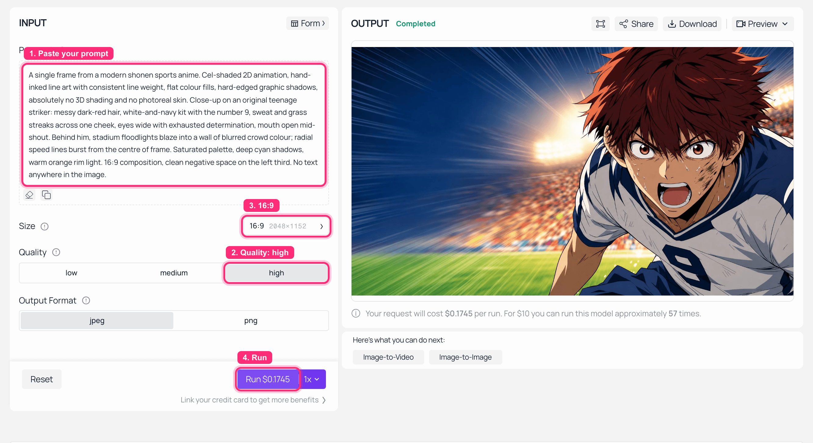 AI image generator interface showing numbered steps to create an anime image