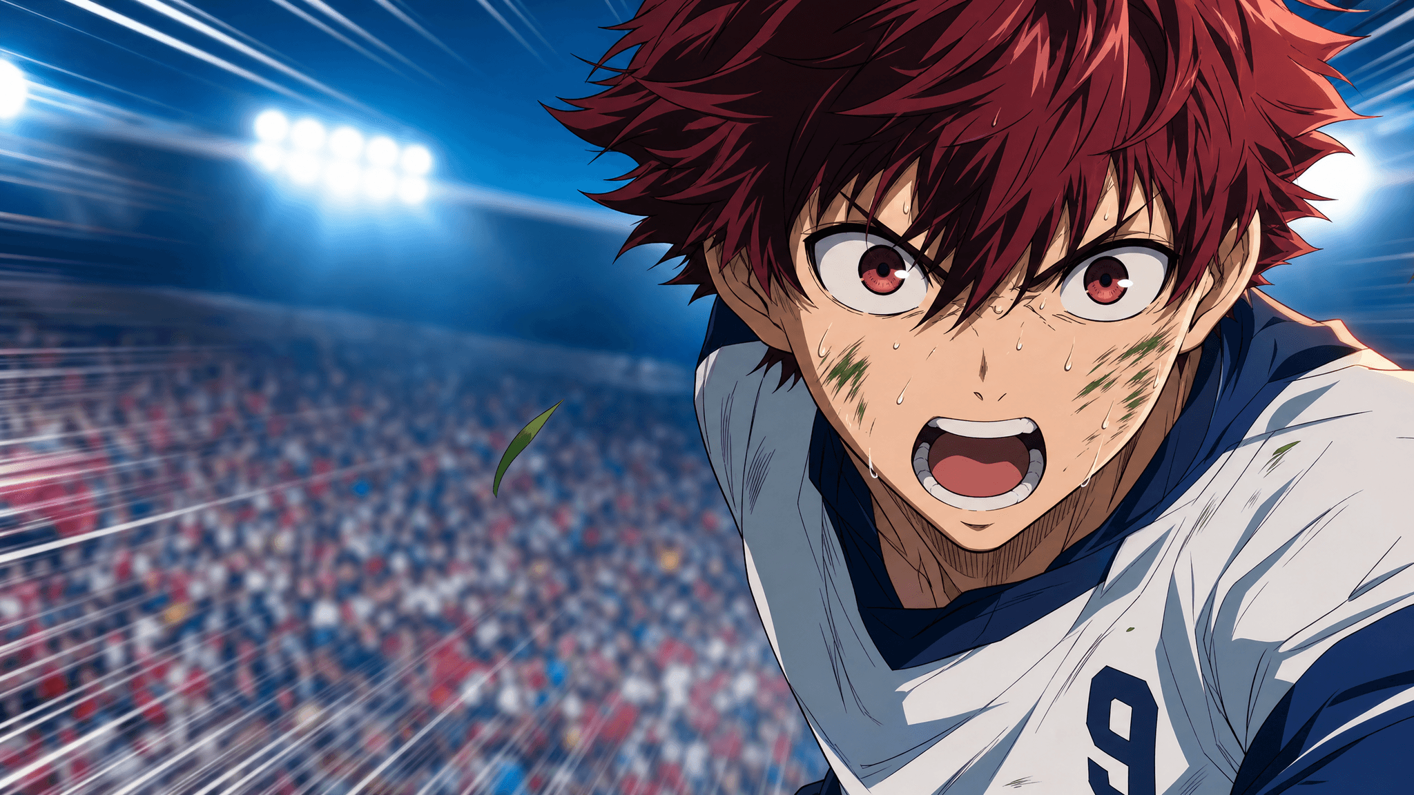 Red-haired anime soccer player shouting in a crowded stadium