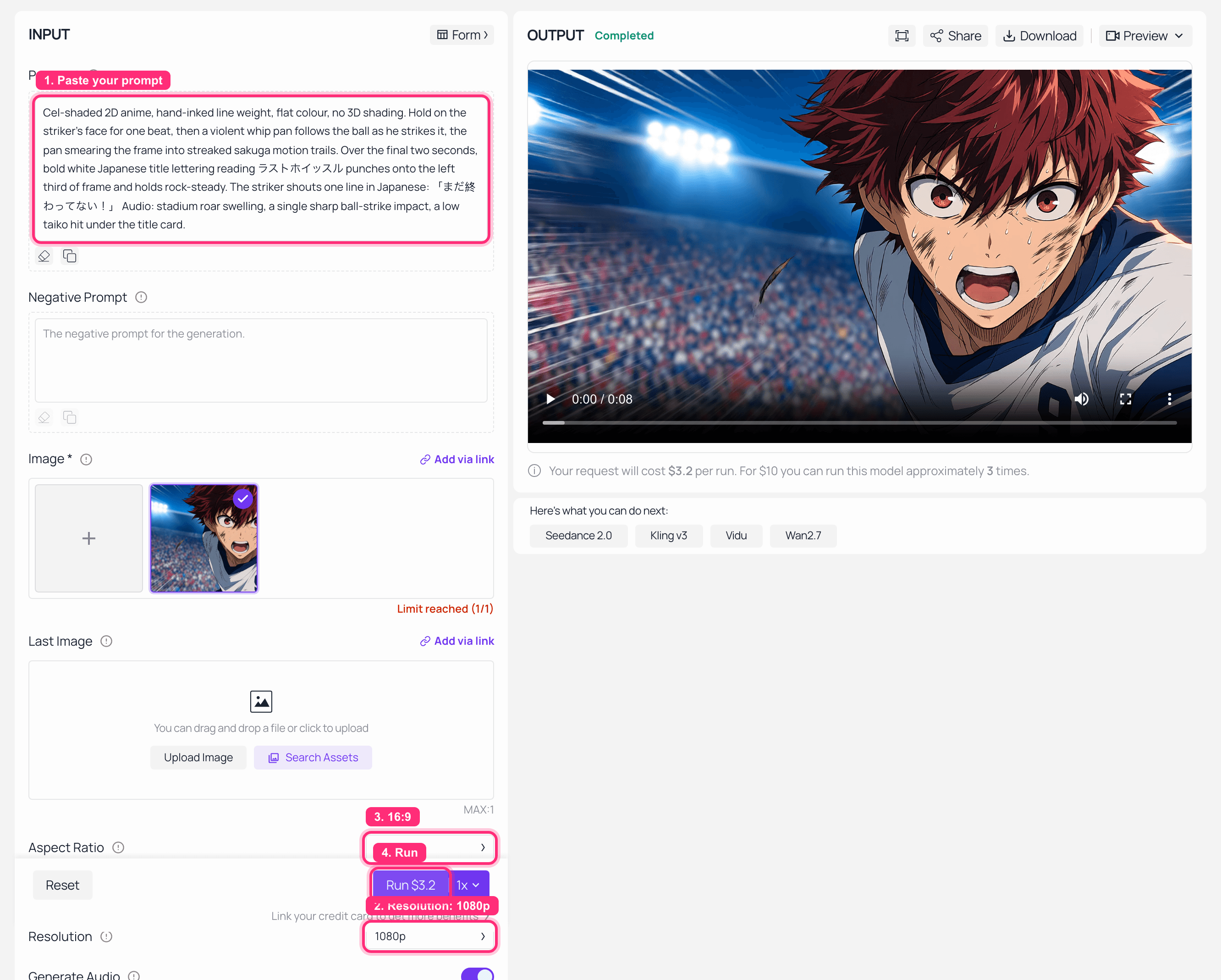 AI video generator interface showing input settings and generated anime video