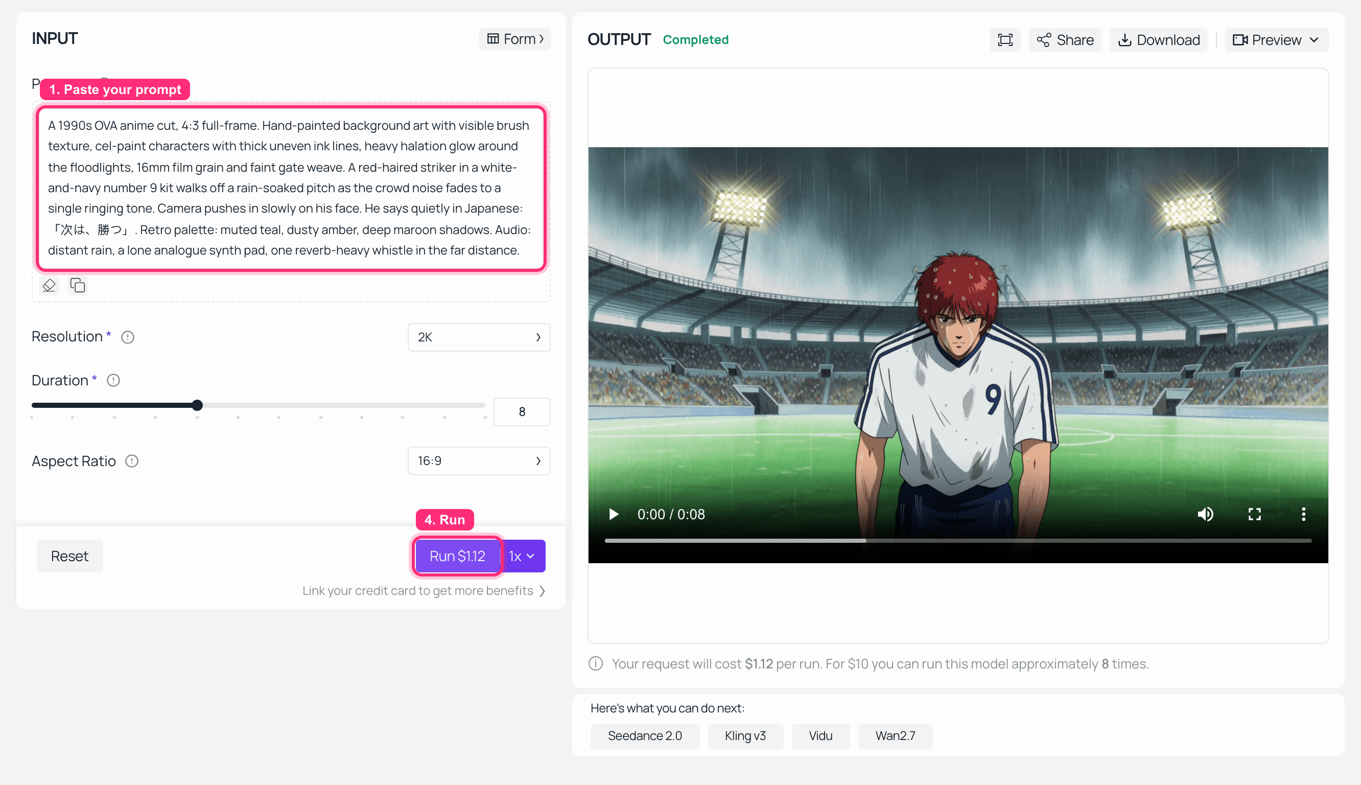 AI video generator interface showing text prompt and generated anime video