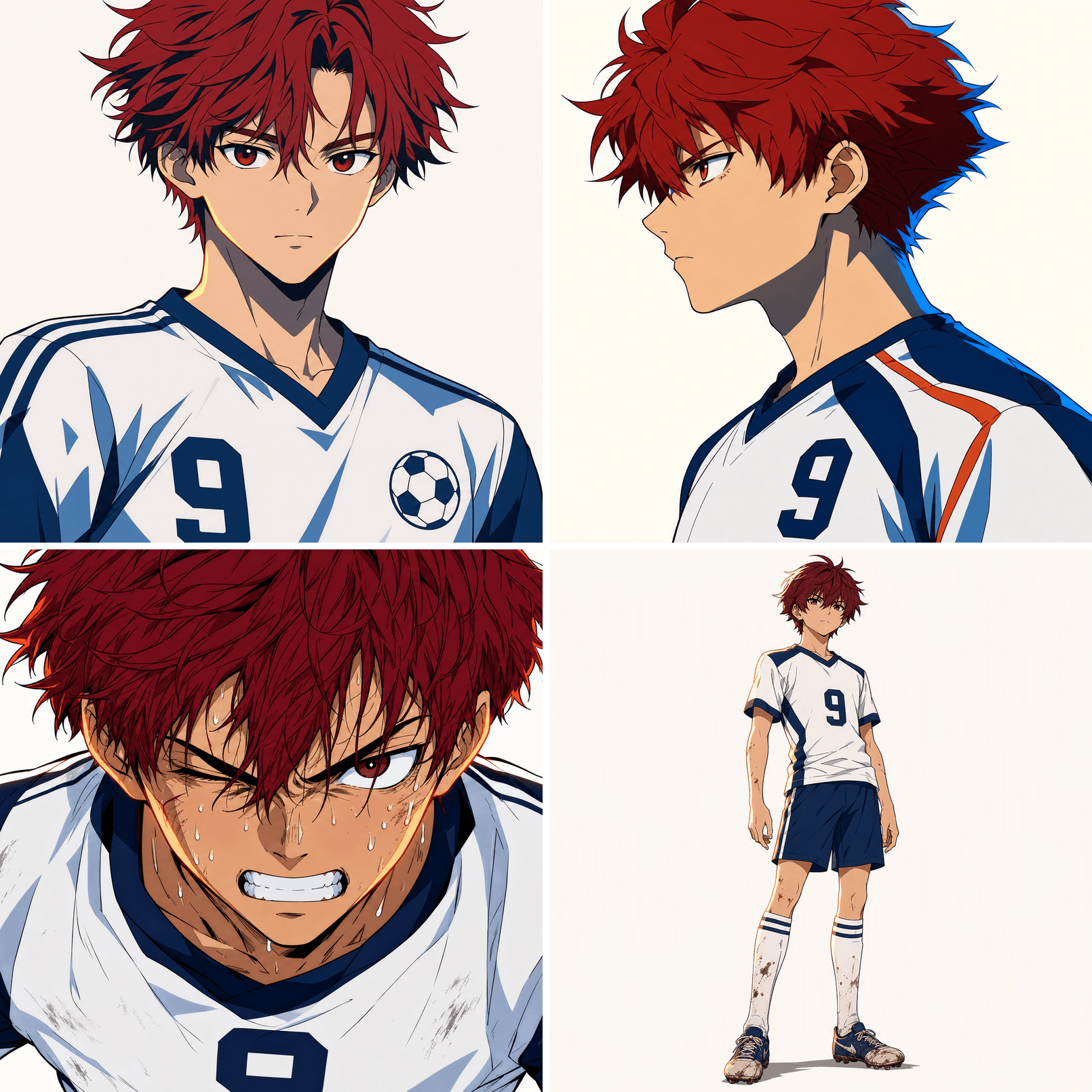 Four illustrations of a red-haired anime soccer player wearing number 9