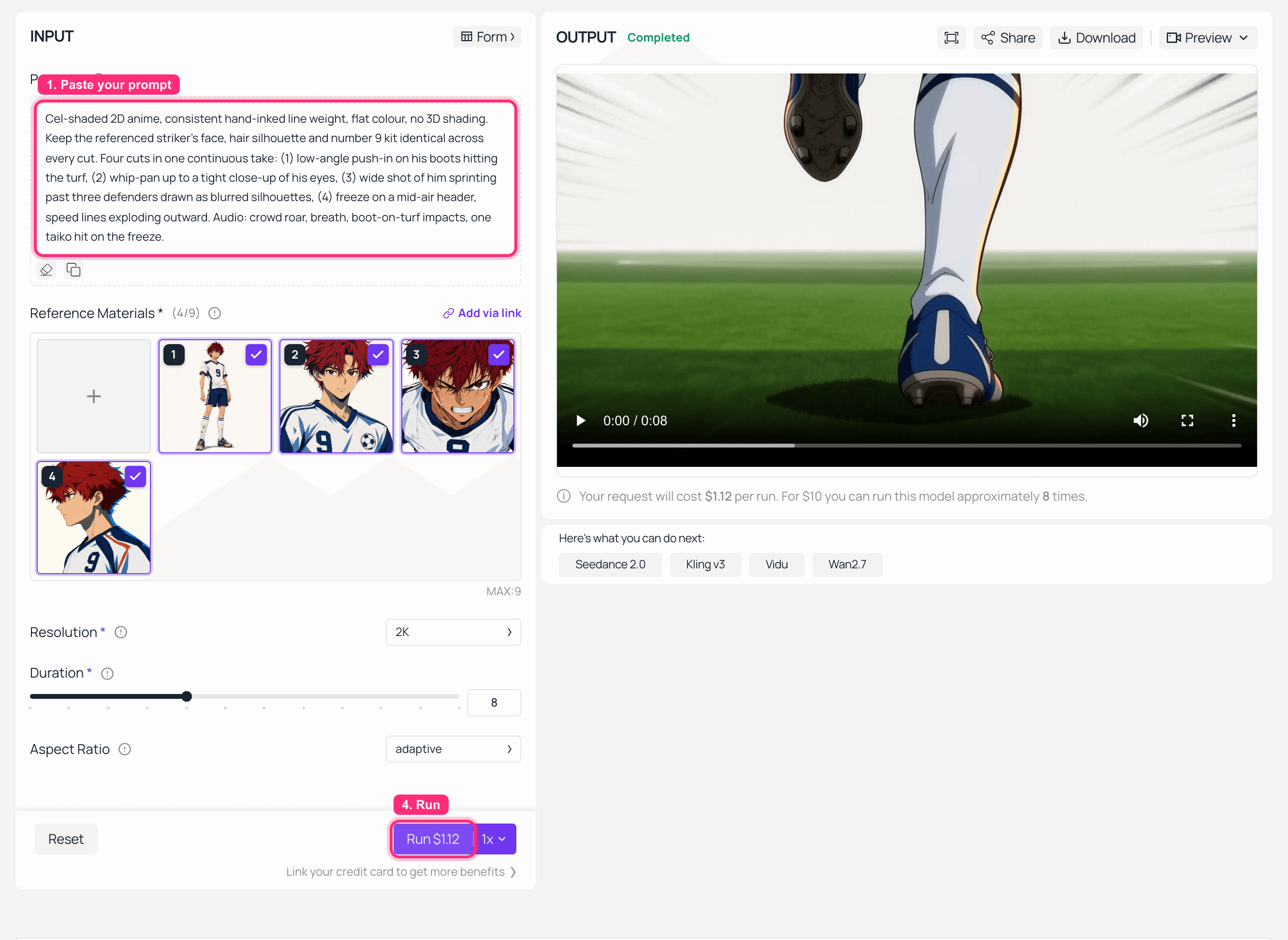 AI video generator interface showing input prompt and generated anime video