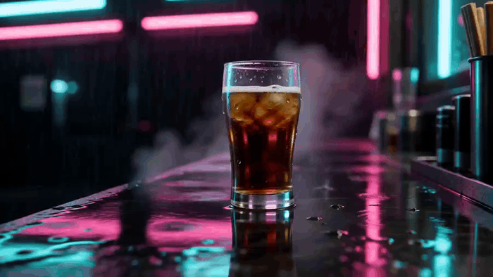 Glass of iced cola on a wet bar with neon reflections