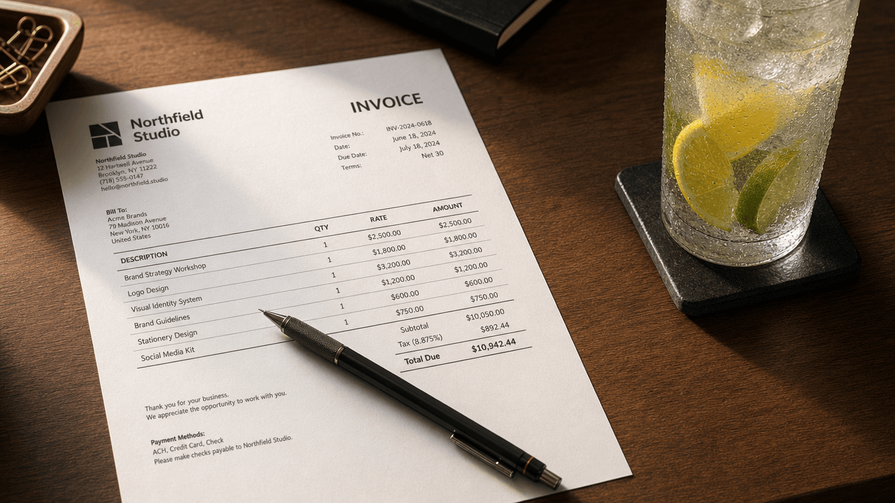 An invoice on a wooden desk with a pen and lemon water