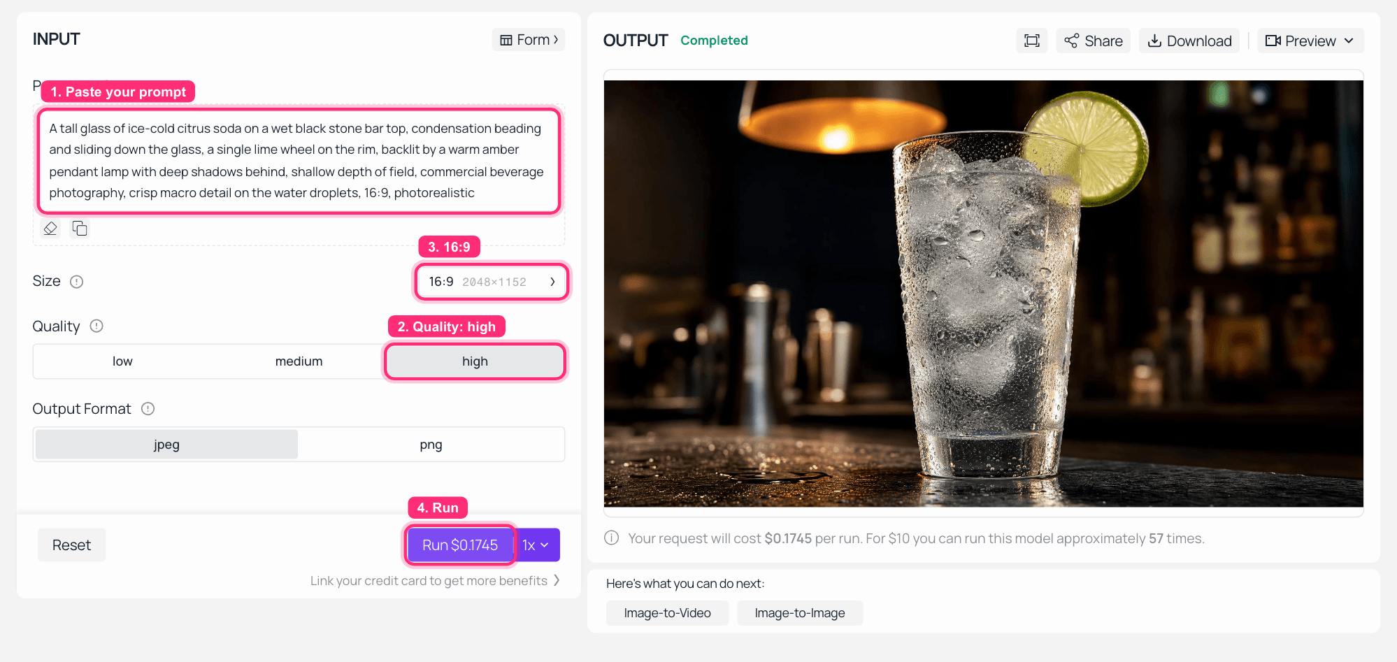 AI image generator interface with text prompt and generated drink image