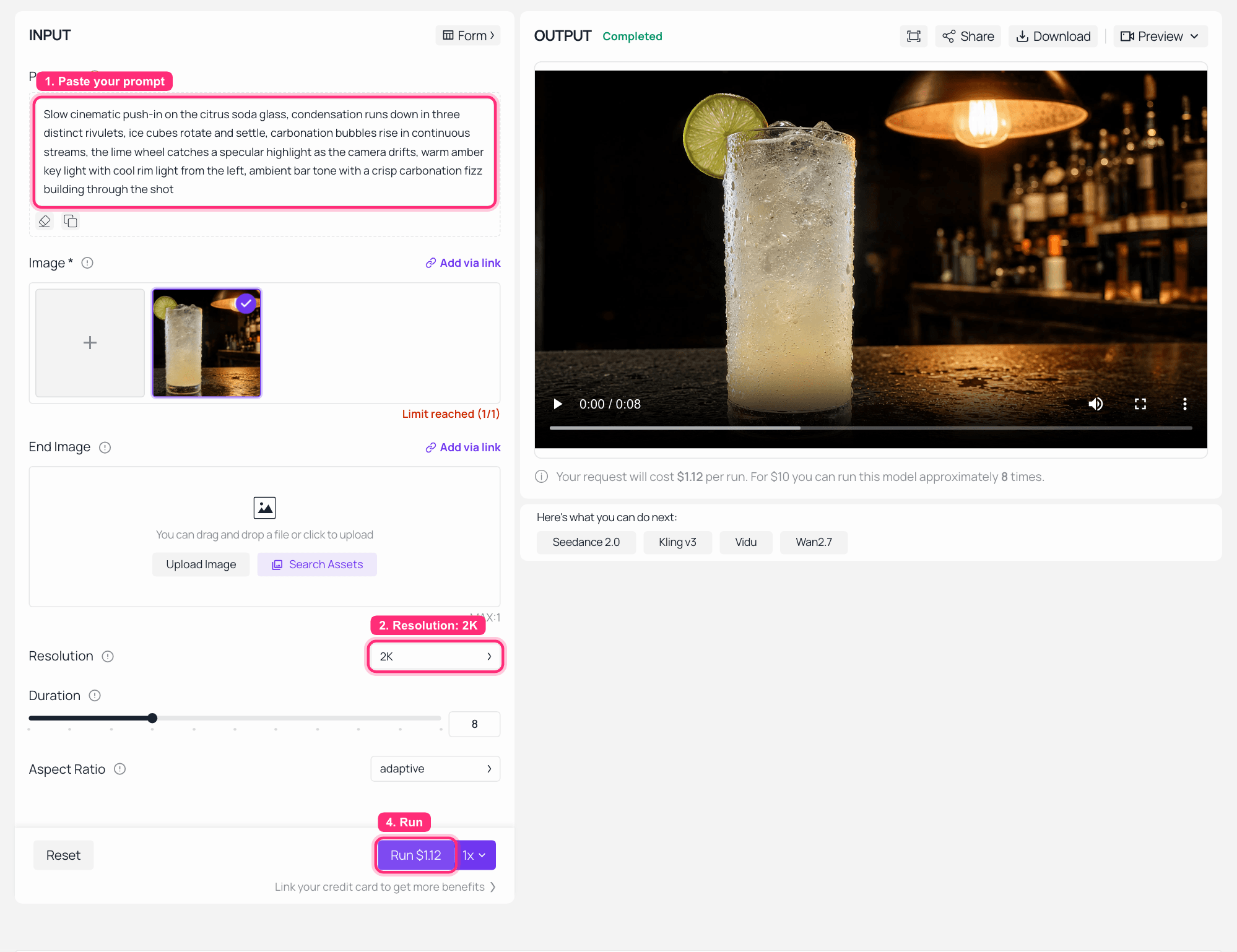 AI video generator interface showing numbered steps for input and output