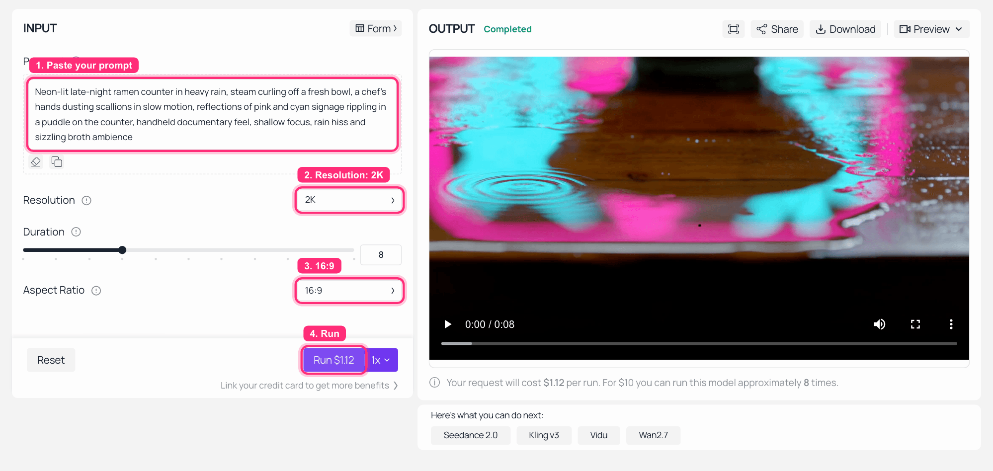 AI video generator interface showing prompt settings and completed video output