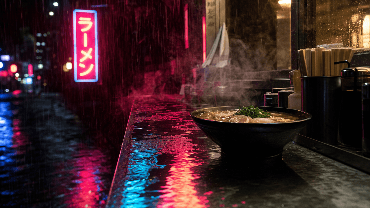 Steaming bowl of ramen on a wet counter under a neon sign