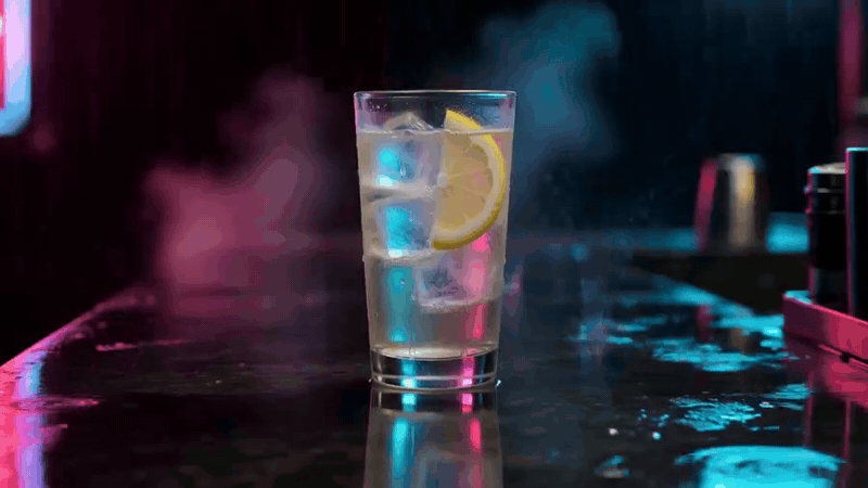 Iced drink with lemon slice on a neon-lit bar counter