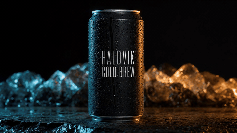 Haldvik 冷萃咖啡黑色濕潤的罐子，被冰塊環繞