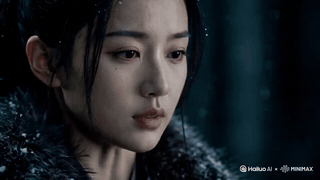 Sad woman in a fur collar looking down as snow falls
