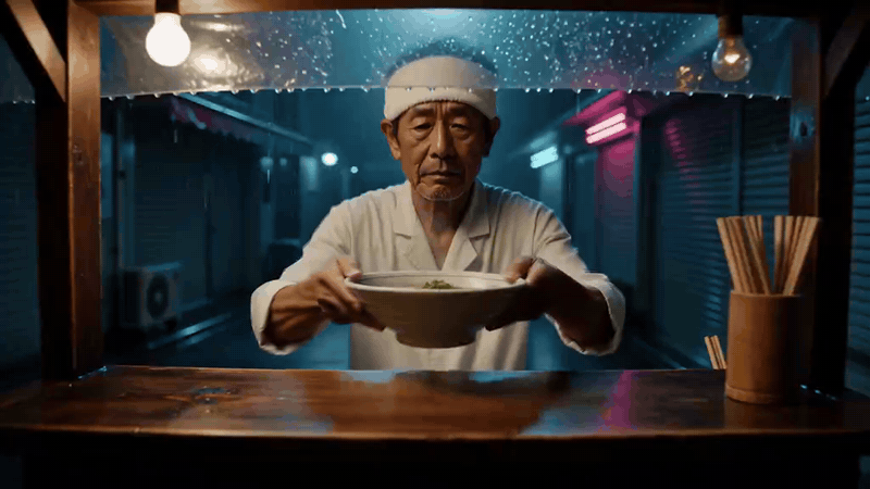 Chef serving a bowl of ramen at a night food stall