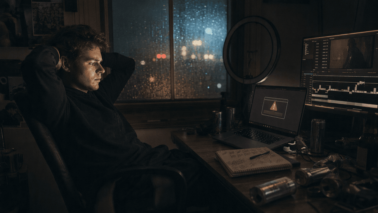 Man leaning back at a desk looking at a laptop error screen