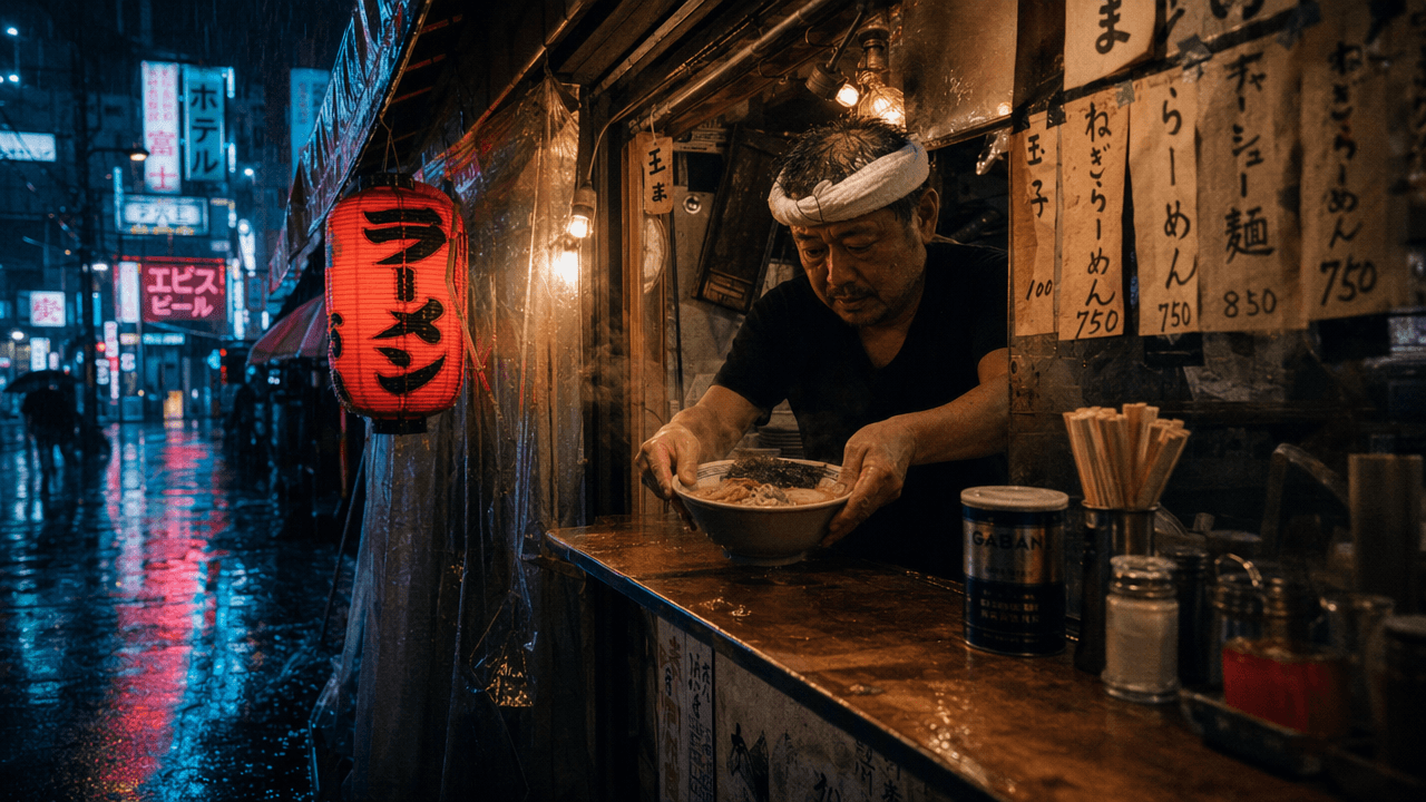 Chef serving ramen at a street stall on a rainy night