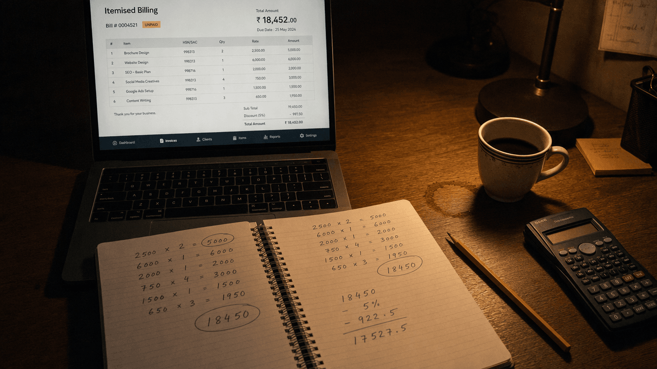 Laptop displaying an invoice next to a notebook with handwritten calculations