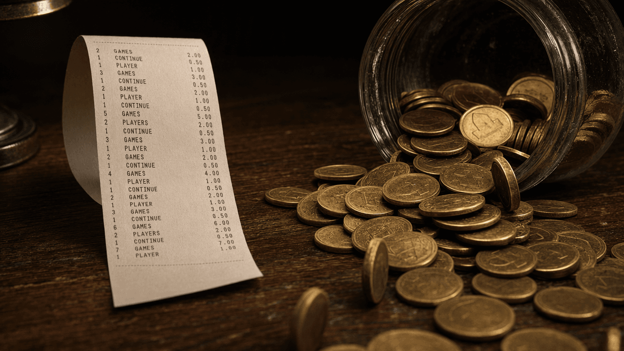 Arcade receipt next to gold tokens spilling from a glass jar