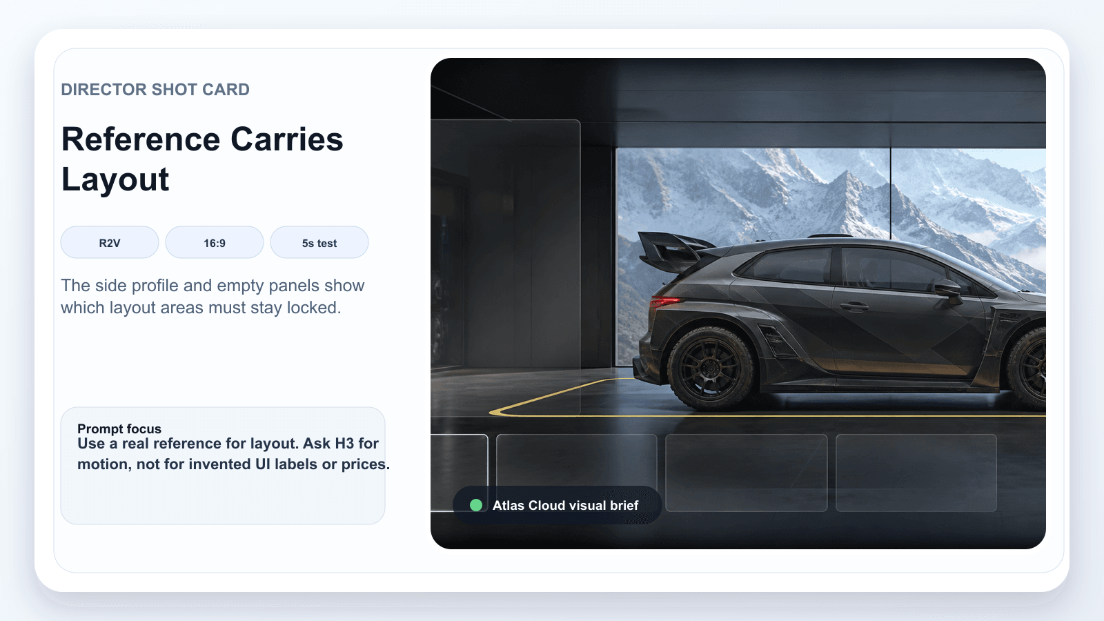 Minimax h3 director shot card showing a black car against snowy mountains