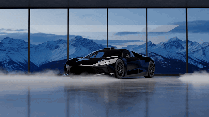 A black supercar in a showroom captured by a minimax h3 director