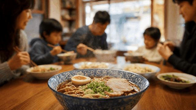 MiniMax H3 food video ramen rack focus GIF with steam rising from a ramen bowl and a family dinner in the background