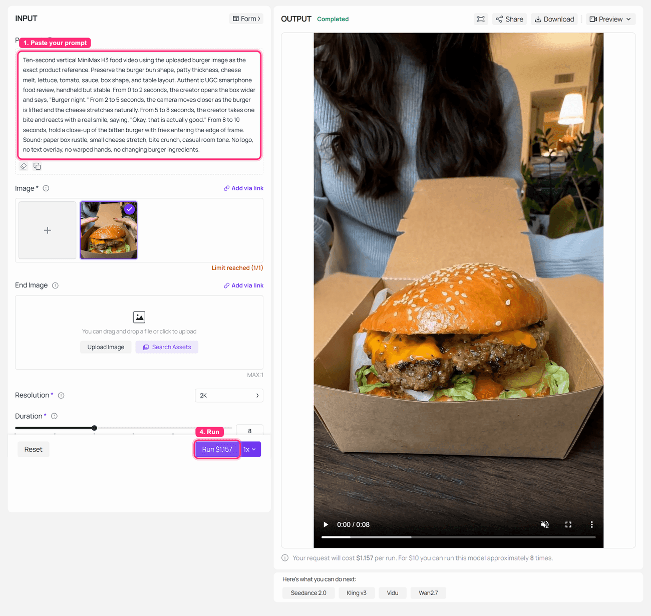 MiniMax H3 Image-to-Video run-completed screenshot for the UGC burger food video variation