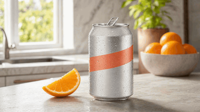 MiniMax H3 food video sparkling citrus product ad GIF with a citrus drink can, condensation, orange slice, and fizz