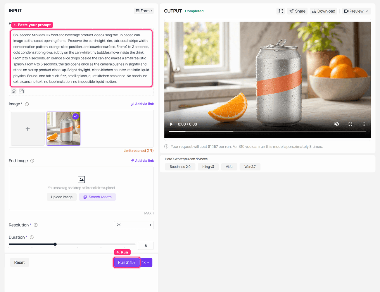 MiniMax H3 Image-to-Video run-completed screenshot for the sparkling citrus drink product ad