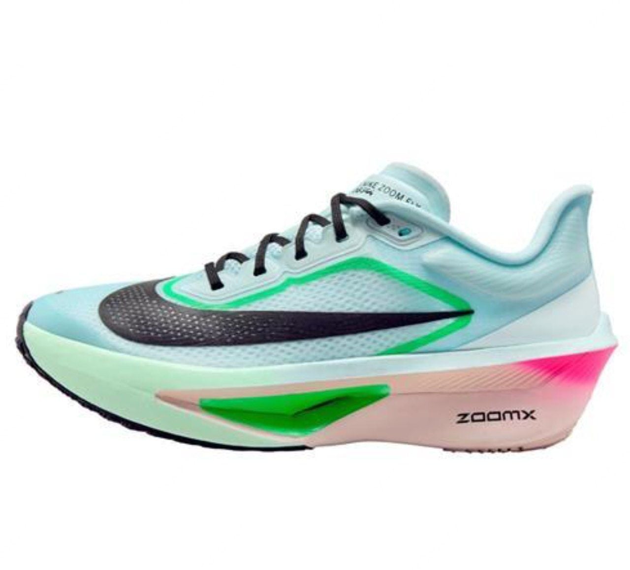 Light blue Nike running shoe with green accents and pink heel