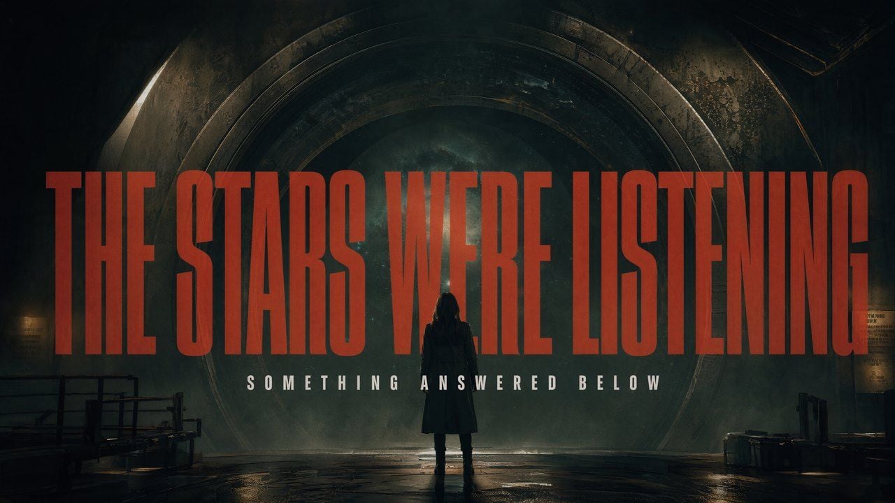 Silhouette facing a giant portal with text The Stars Were Listening