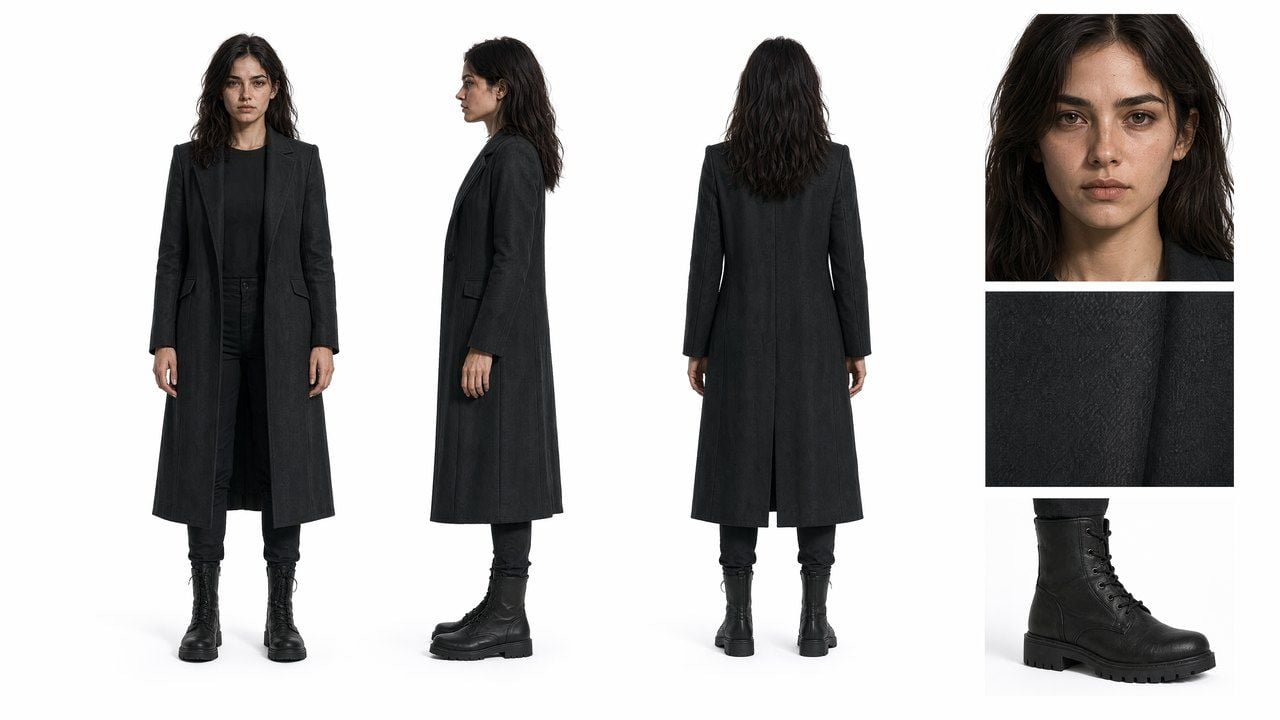 Multiple views of a woman wearing a long charcoal grey coat