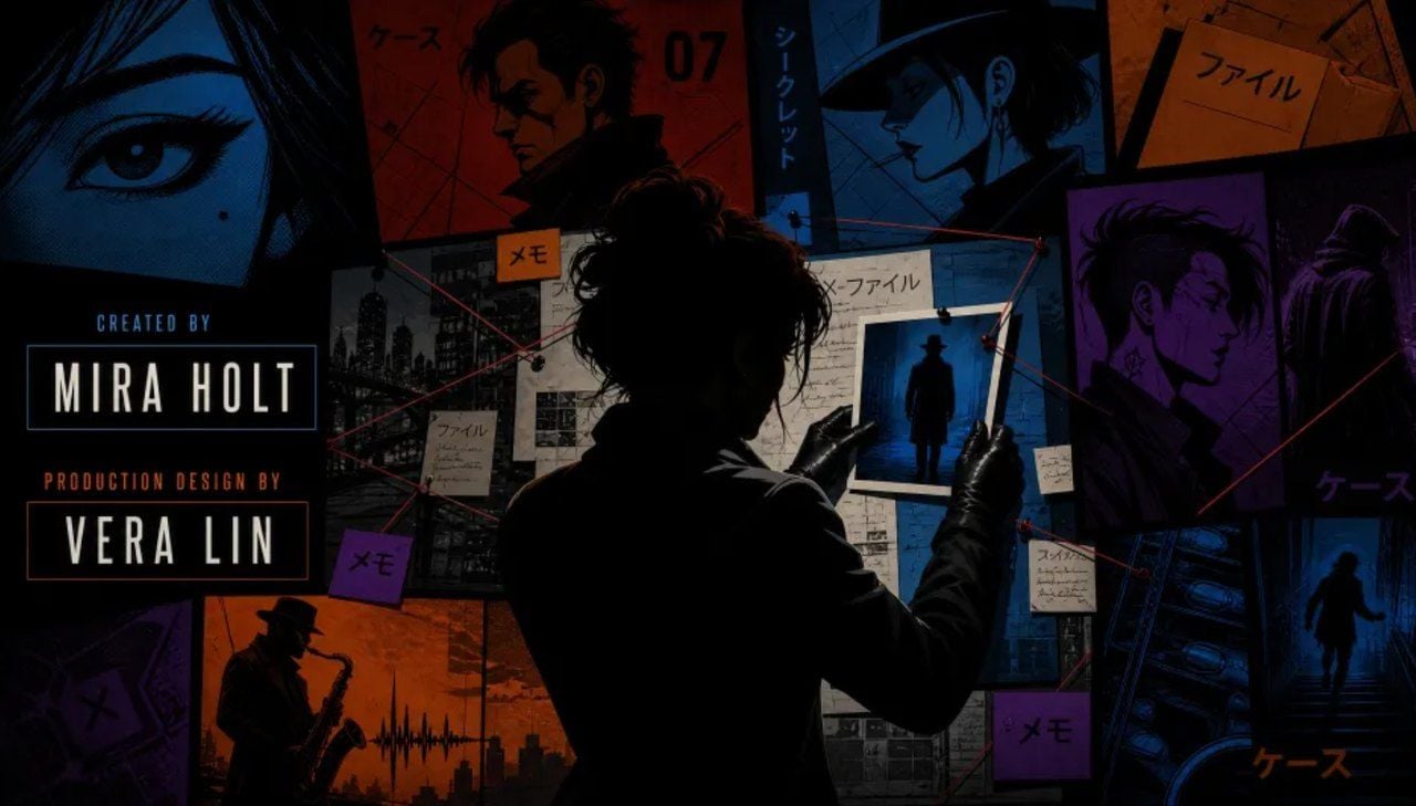 Silhouetted detective holding a photo in front of an evidence board