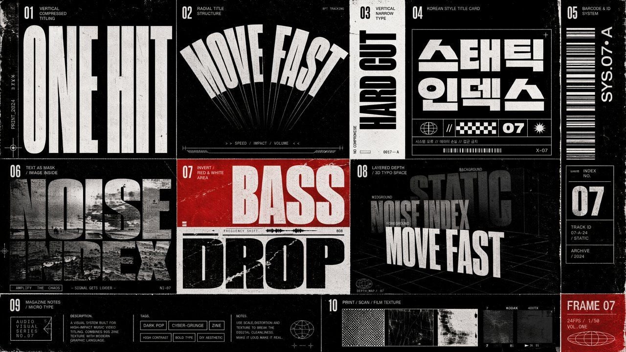 Grid of distressed typographic design templates in black, white, and red