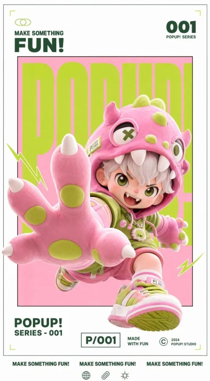 Anime boy in pink dinosaur hoodie reaching out with a giant claw