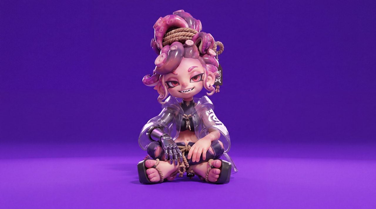 Stylized pink-haired octopus character sitting cross-legged on a solid purple background