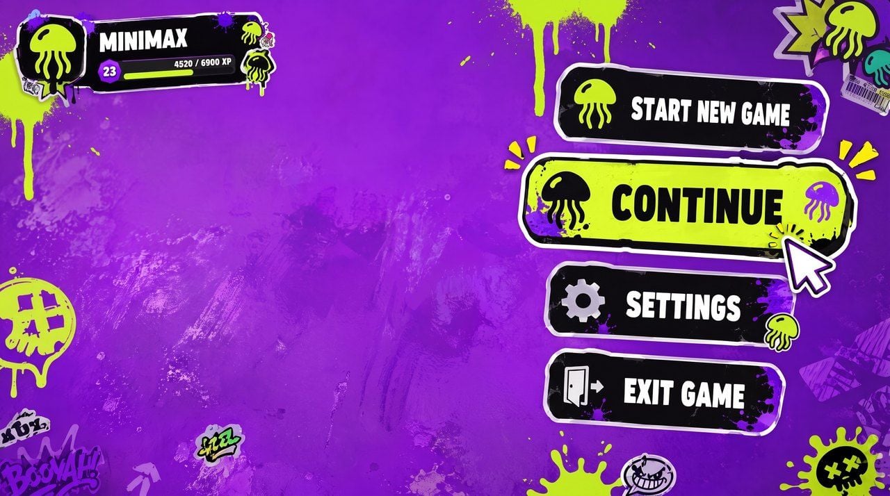 Purple video game menu with cursor pointing to Continue button