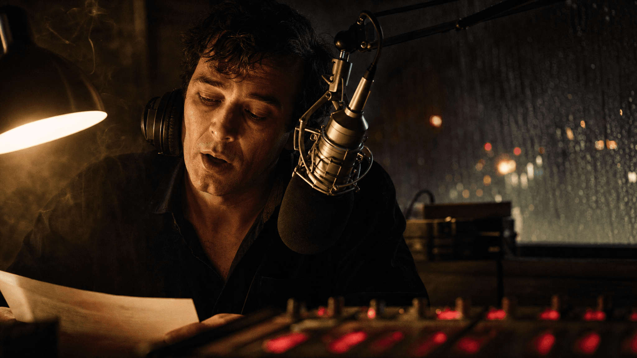 Man wearing headphones speaks into a microphone while reading a script