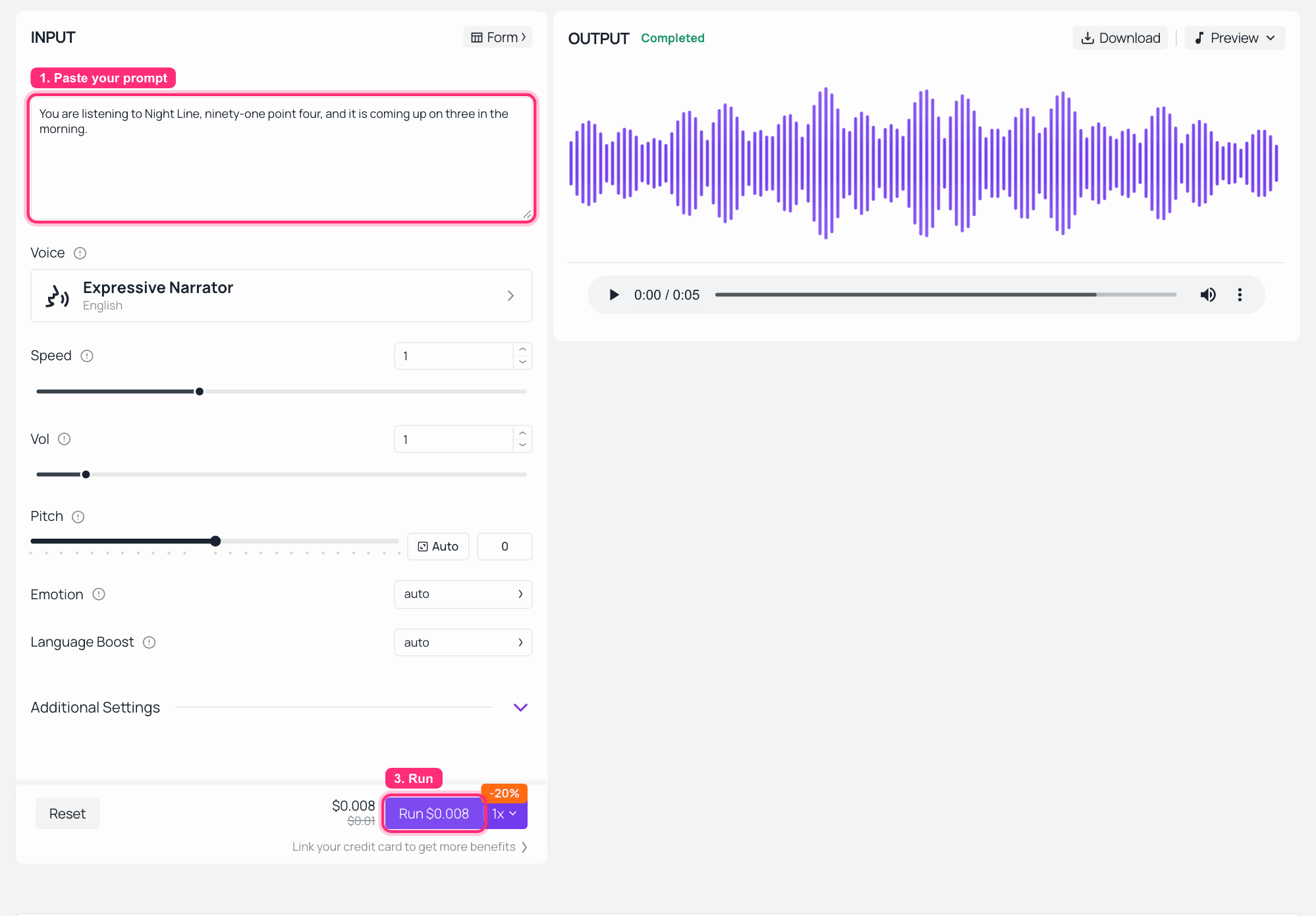 Voice generator interface with text input and audio waveform output