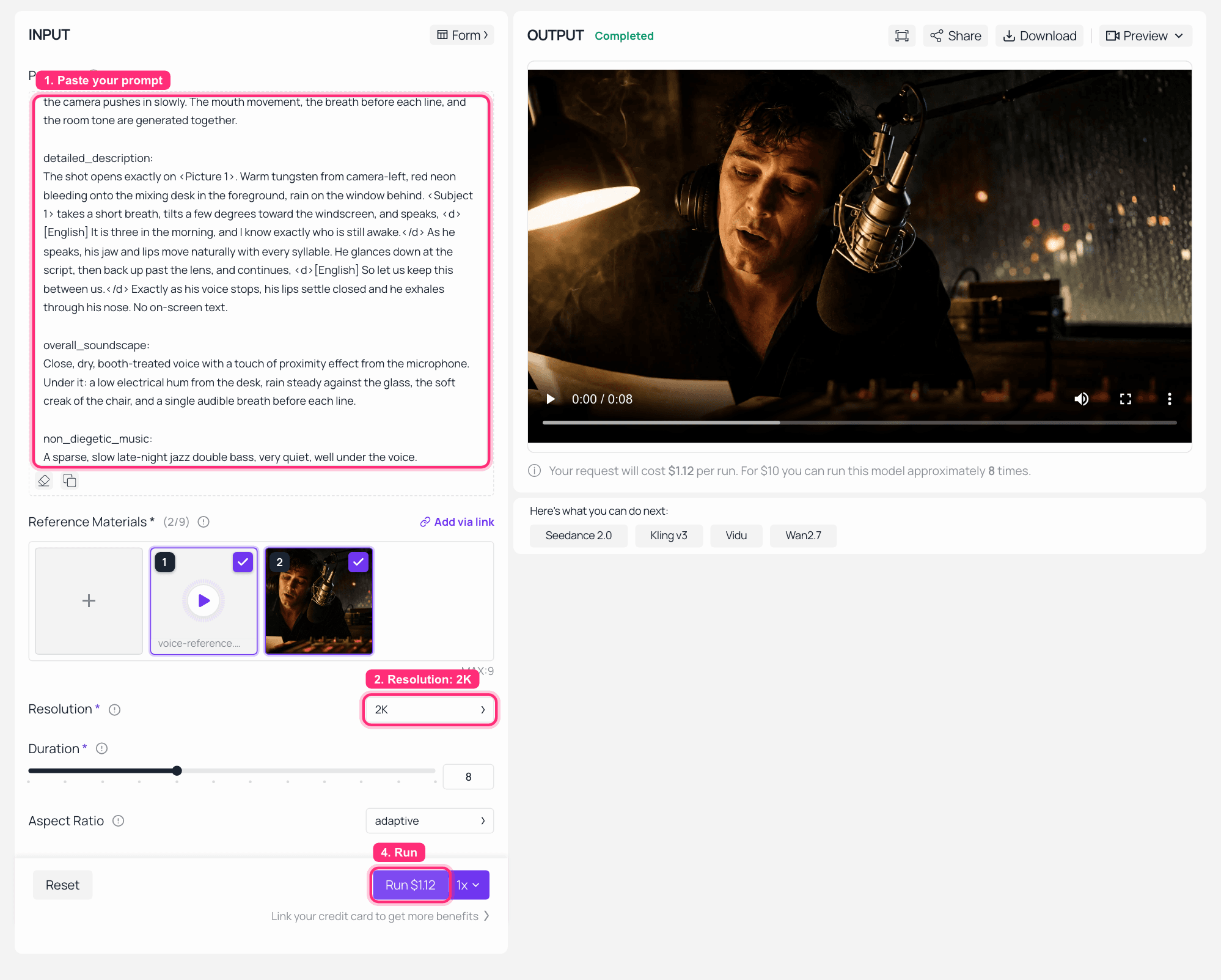 AI video generator interface showing text prompt input and video output