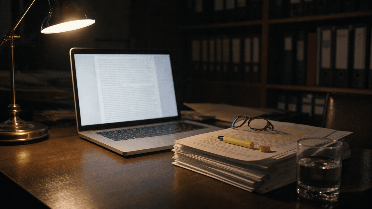 Laptop and stack of papers illuminated by a desk lamp