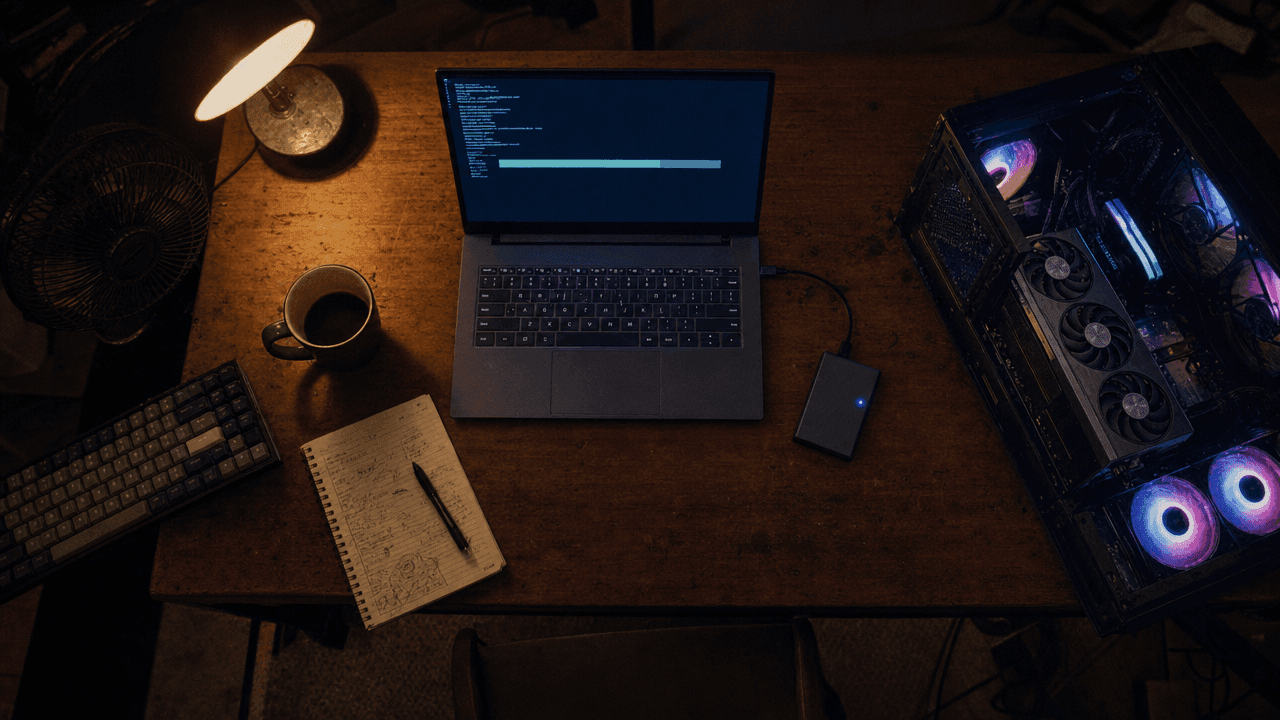 Laptop and glowing desktop PC on a wooden desk