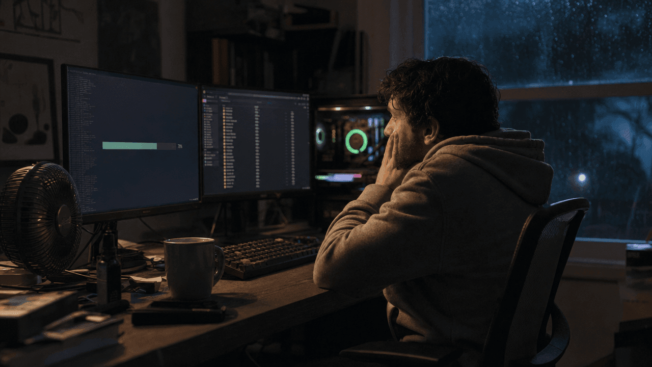 Man in hoodie watching a loading bar on dual computer monitors