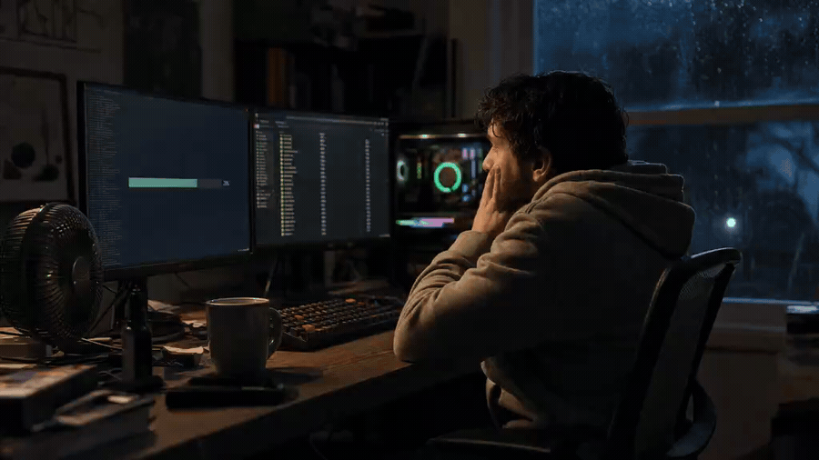 Stressed man at a desk waiting for a computer progress bar