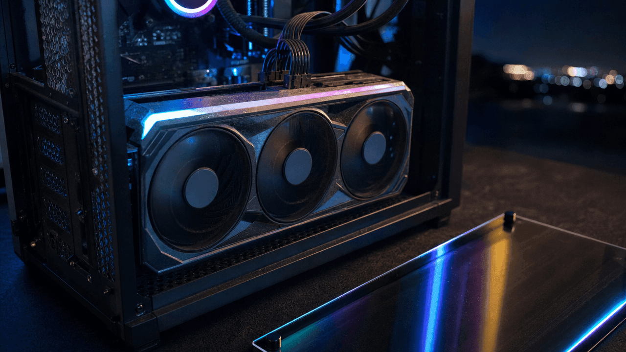 Vertically mounted graphics card with three fans inside a PC case