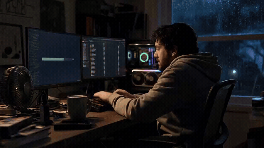 Man in hoodie working on dual computer monitors at night