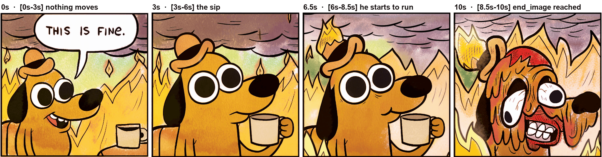 Cartoon dog says this is fine then melts in a fire