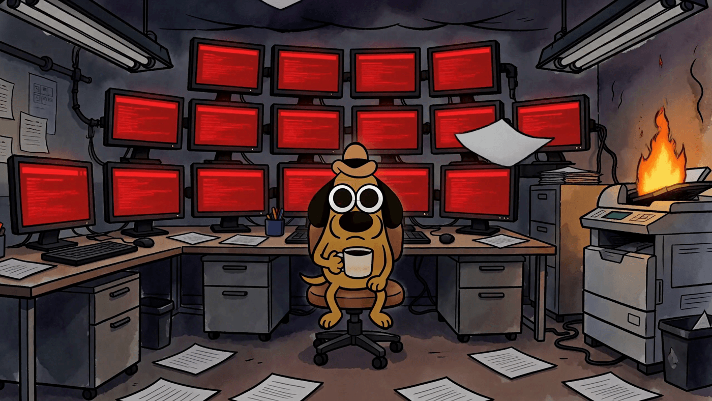 Let's try: "Cartoon dog holding coffee cup amidst red screens and a burning printer